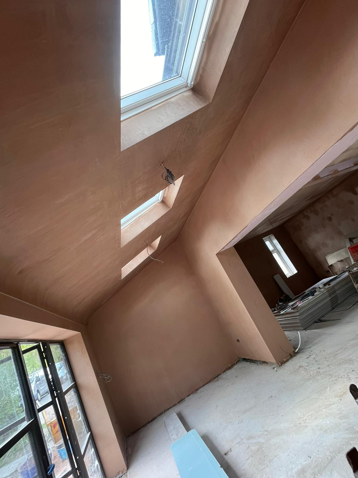 Vaulted ceiling freshly skimmed with central skylight