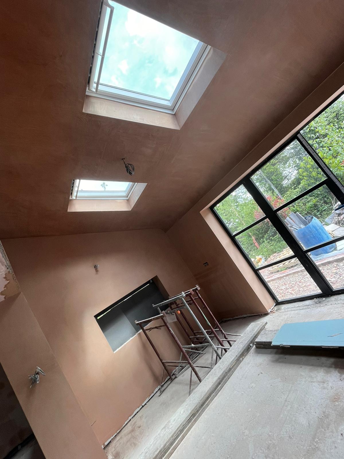 Pitched ceiling apex with two skylights and tall steel framed window